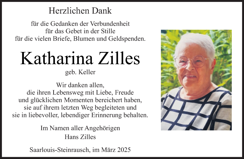  Traueranzeige für Katharina Zilles vom 29.03.2025 aus saarbruecker_zeitung
