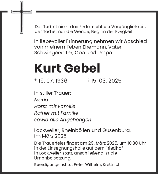 Traueranzeige von Kurt Gebel von saarbruecker_zeitung