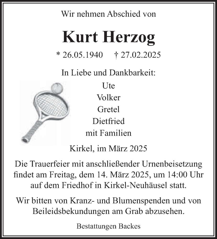  Traueranzeige für Kurt Herzog vom 07.03.2025 aus saarbruecker_zeitung