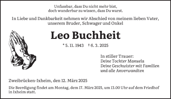 Traueranzeige von Leo Buchheit von saarbruecker_zeitung