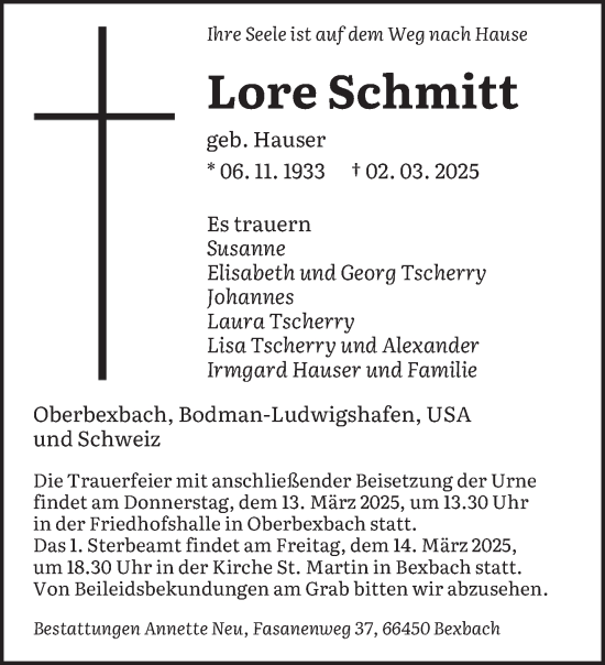 Traueranzeige von Lore Schmitt von saarbruecker_zeitung