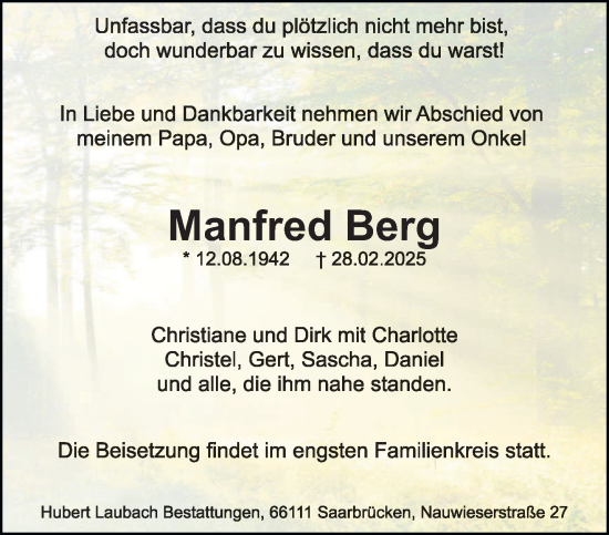 Traueranzeige von Manfred Berg von saarbruecker_zeitung