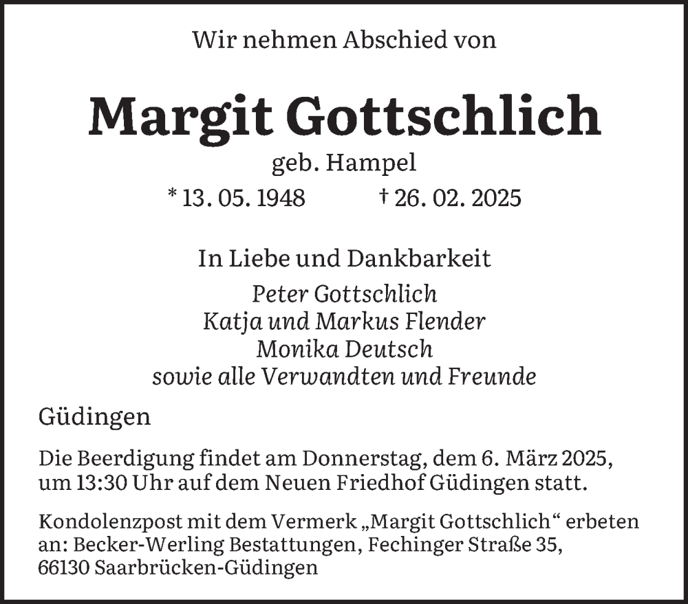  Traueranzeige für Margit Gottschlich vom 01.03.2025 aus saarbruecker_zeitung