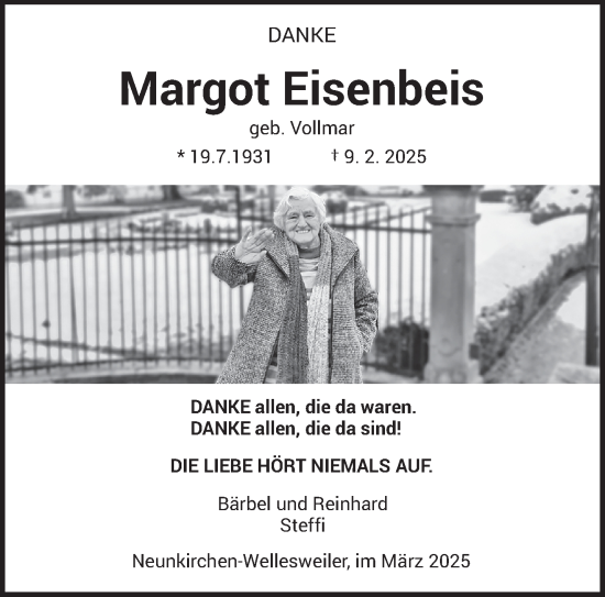 Traueranzeige von Margot Eisenbeis von saarbruecker_zeitung