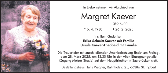Traueranzeige von Margret Kaever von saarbruecker_zeitung