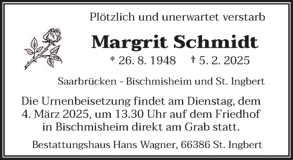  Traueranzeige für Margrit Schmidt vom 01.03.2025 aus saarbruecker_zeitung
