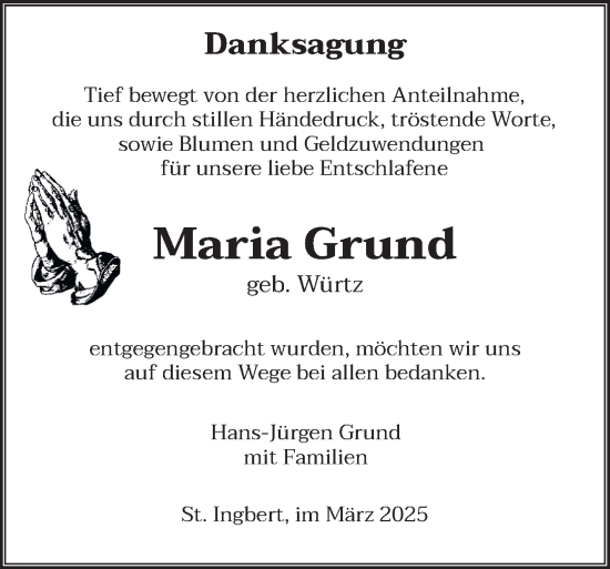 Traueranzeige von Maria Grund von saarbruecker_zeitung