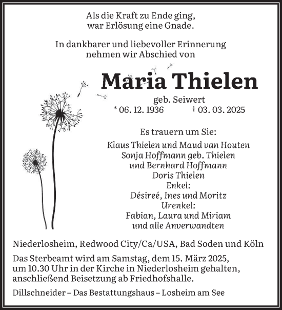 Traueranzeige von Maria Thielen von saarbruecker_zeitung