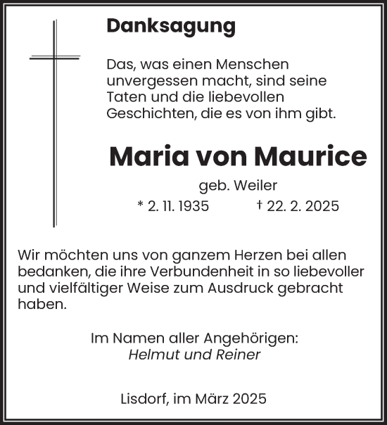 Traueranzeige von Maria von Maurice von saarbruecker_zeitung
