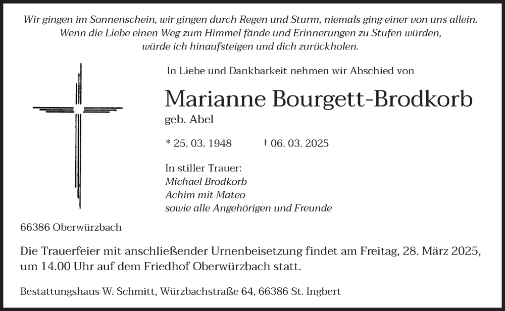  Traueranzeige für Marianne Bourgett-Brodkorb vom 22.03.2025 aus saarbruecker_zeitung