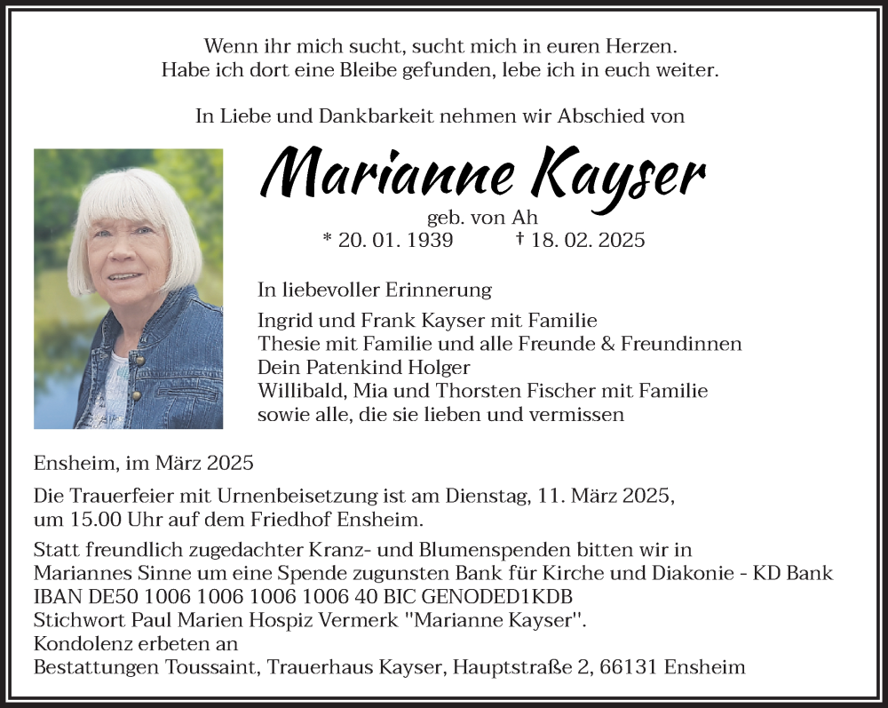  Traueranzeige für Marianne Kayser vom 01.03.2025 aus saarbruecker_zeitung