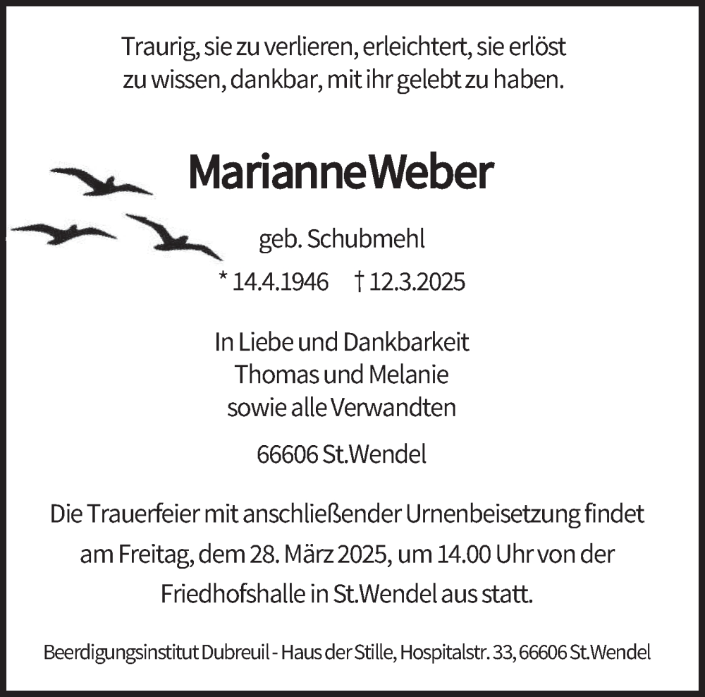  Traueranzeige für Marianne Weber vom 22.03.2025 aus saarbruecker_zeitung
