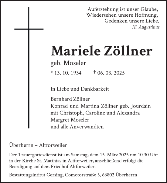 Traueranzeige von Mariele Zöllner von saarbruecker_zeitung