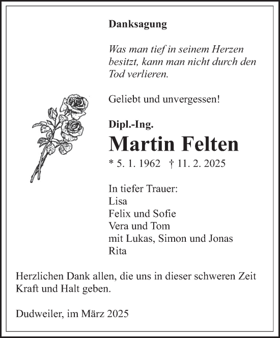 Traueranzeige von Martin Felten von saarbruecker_zeitung