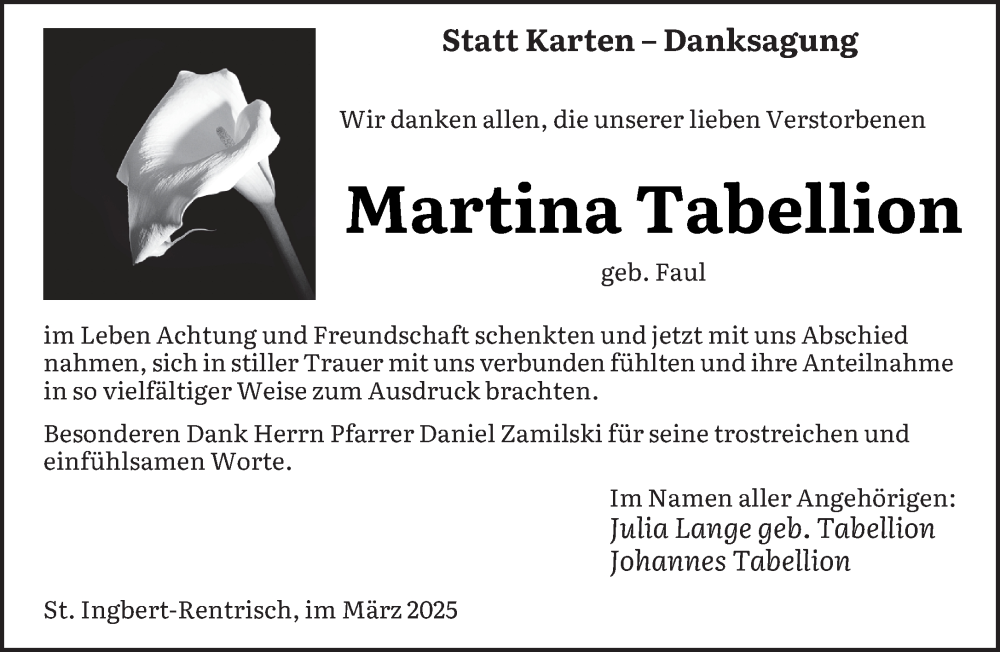  Traueranzeige für Martina Tabellion vom 15.03.2025 aus saarbruecker_zeitung
