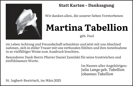 Traueranzeige von Martina Tabellion von saarbruecker_zeitung