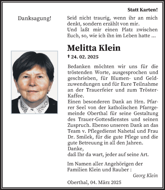 Traueranzeige von Melitta Klein von saarbruecker_zeitung