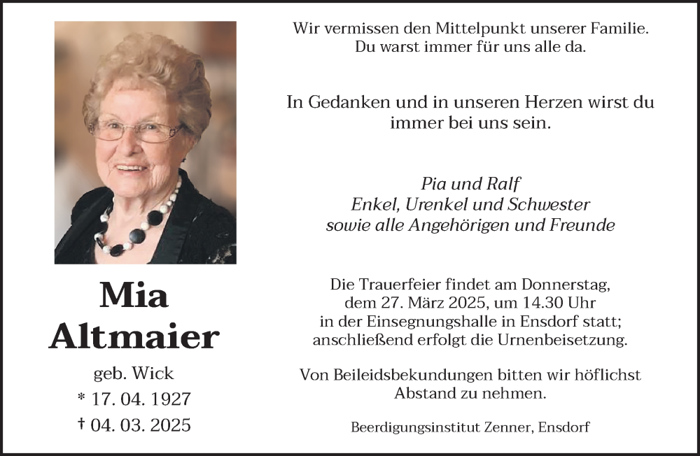 Traueranzeige für Mia Altmaier vom 22.03.2025 aus saarbruecker_zeitung
