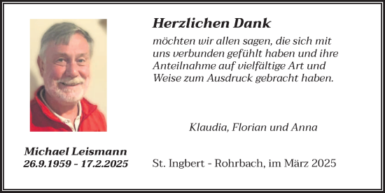 Traueranzeige von Michael Leismann von saarbruecker_zeitung