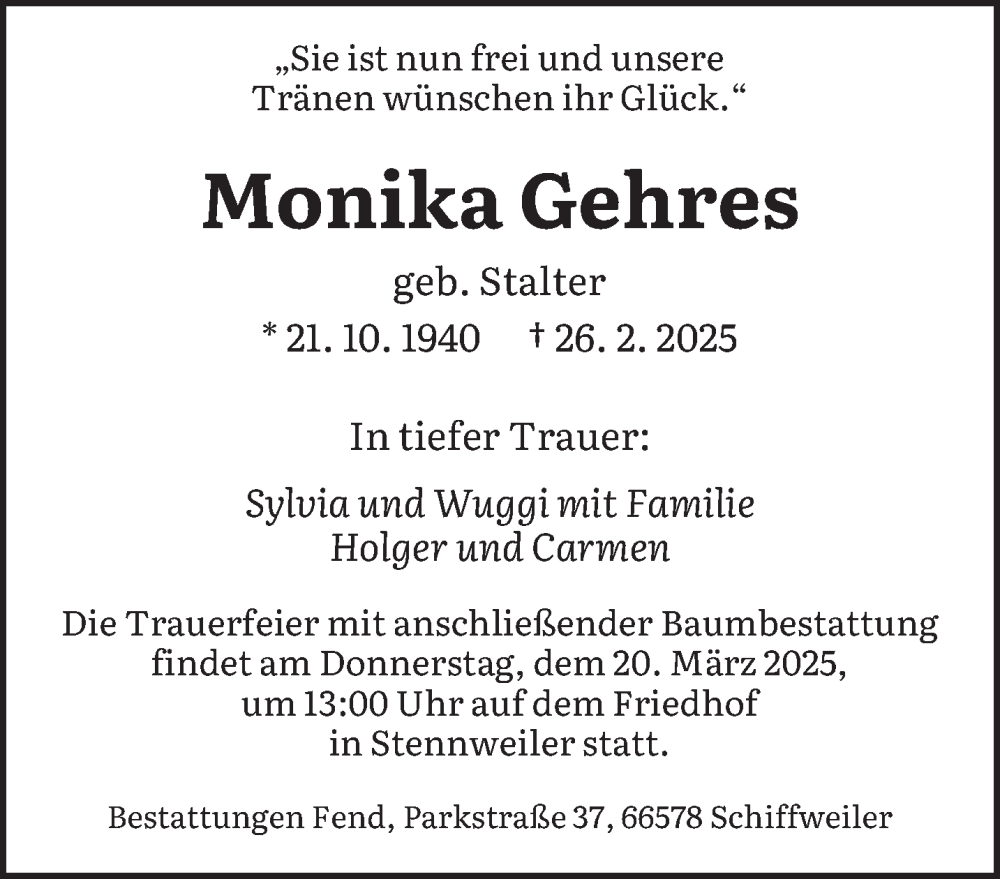  Traueranzeige für Monika Gehres vom 15.03.2025 aus saarbruecker_zeitung