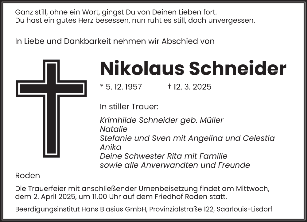  Traueranzeige für Nikolaus Schneider vom 29.03.2025 aus saarbruecker_zeitung