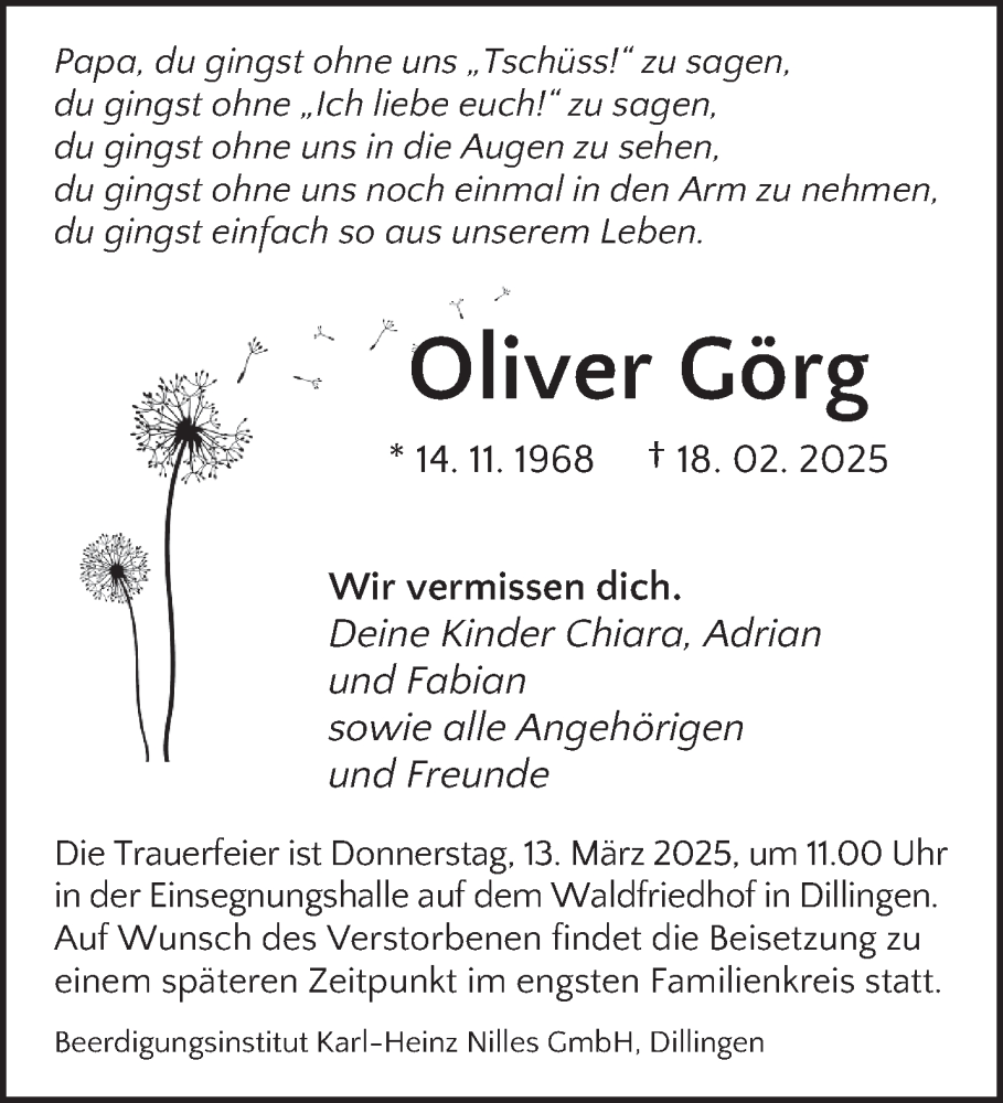  Traueranzeige für Oliver Görg vom 08.03.2025 aus saarbruecker_zeitung