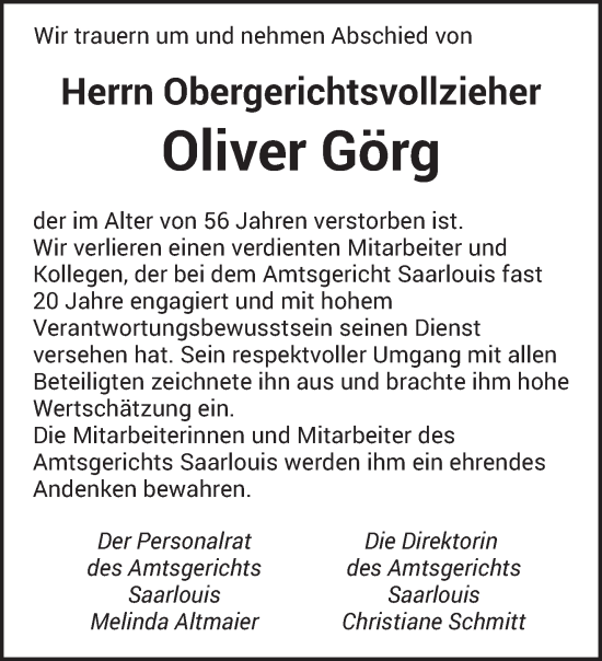 Traueranzeige von Oliver Görg von saarbruecker_zeitung