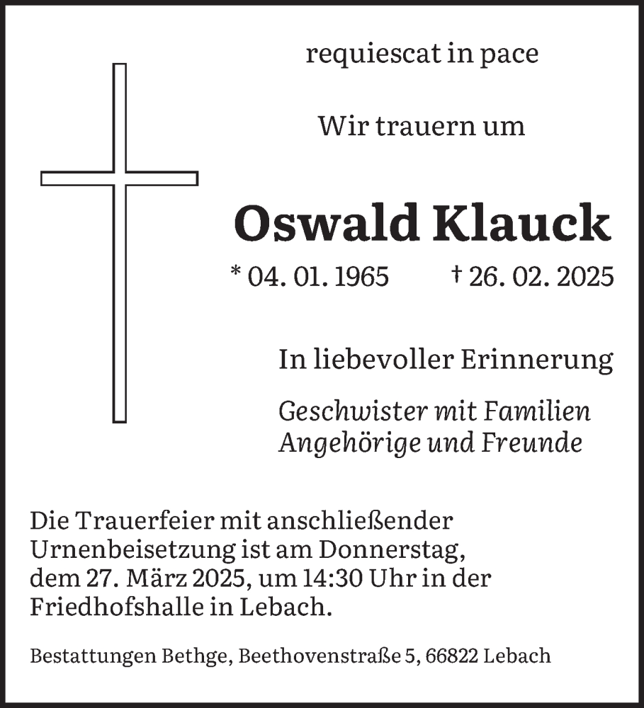  Traueranzeige für Oswald Klauck vom 22.03.2025 aus saarbruecker_zeitung