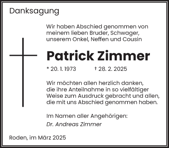Traueranzeige von Patrick Zimmer von saarbruecker_zeitung