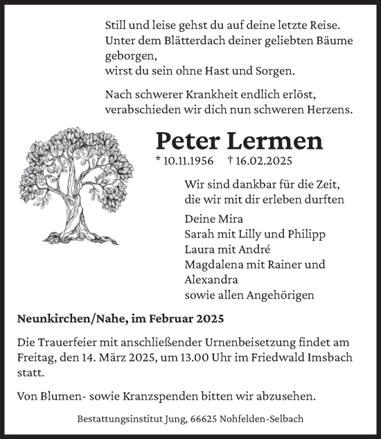 Traueranzeige von Peter Lermen von saarbruecker_zeitung