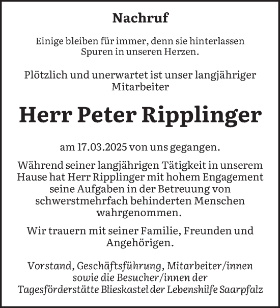 Traueranzeige von Peter Ripplinger von saarbruecker_zeitung
