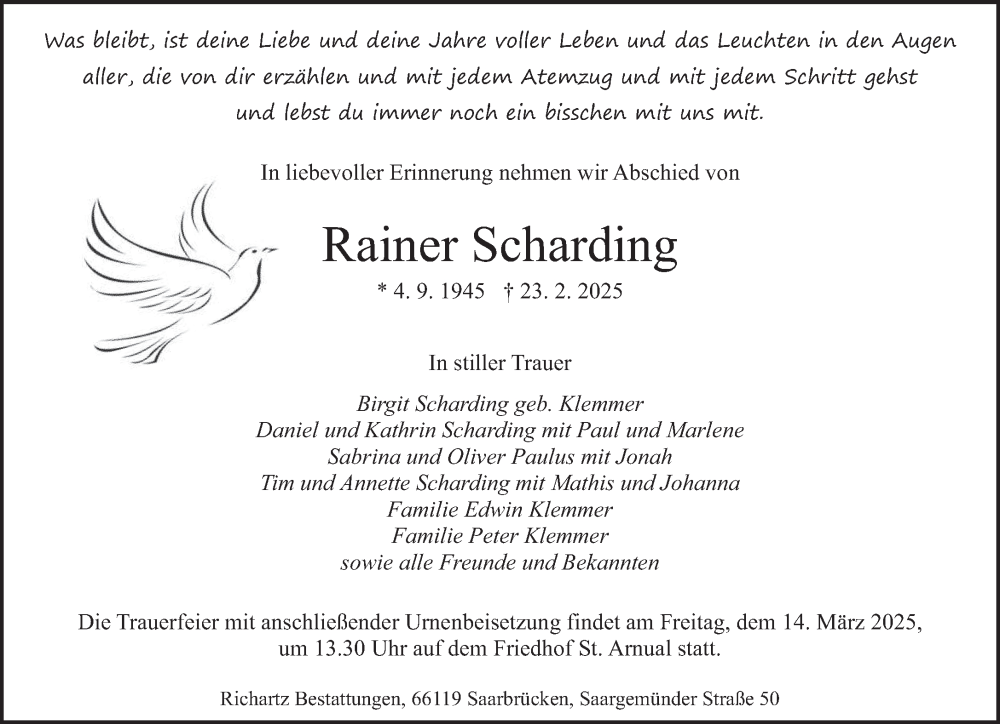 Traueranzeige für Rainer Scharding vom 01.03.2025 aus saarbruecker_zeitung