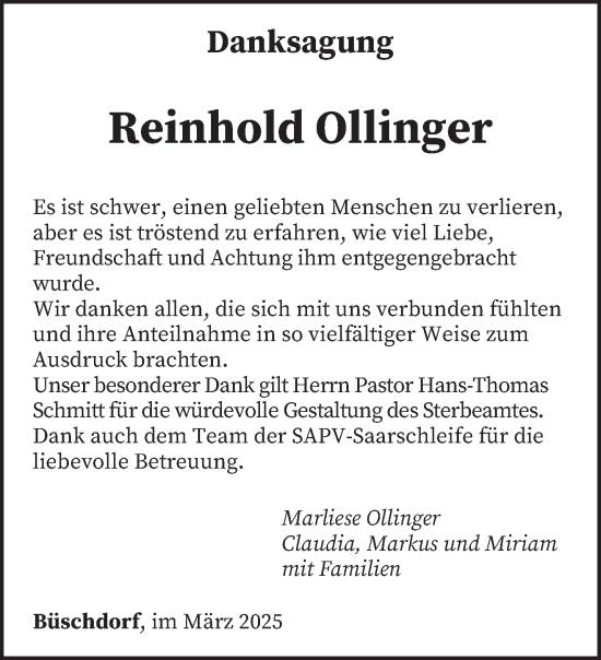 Traueranzeige von Reinhold Ollinger von saarbruecker_zeitung