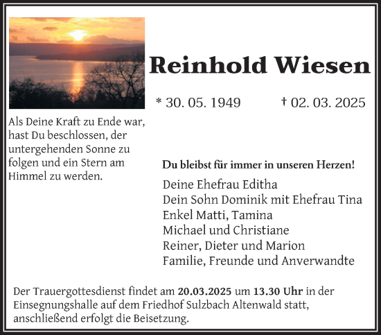 Traueranzeige von Reinhold Wiesen von saarbruecker_zeitung