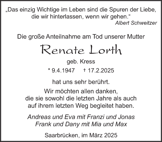 Traueranzeige von Renate Lorth von saarbruecker_zeitung