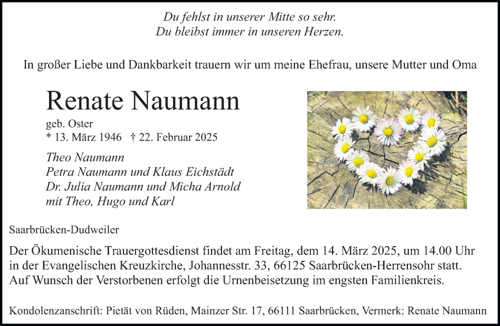  Traueranzeige für Renate Naumann vom 08.03.2025 aus saarbruecker_zeitung