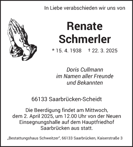 Traueranzeige von Renate Schmerler von saarbruecker_zeitung