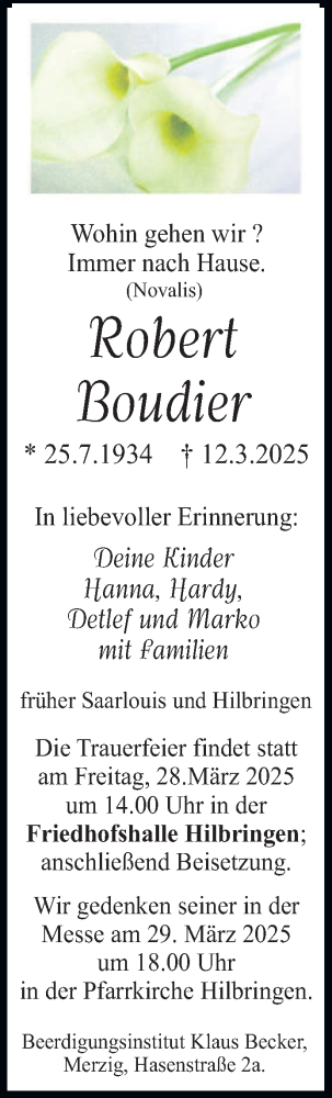  Traueranzeige für Robert Boudier vom 22.03.2025 aus saarbruecker_zeitung