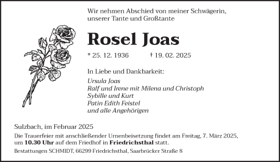 Traueranzeige von Rosel Joas von saarbruecker_zeitung