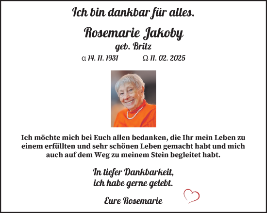Traueranzeige von Rosemarie Jakoby von saarbruecker_zeitung