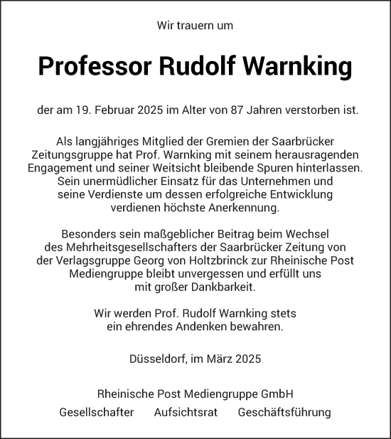Traueranzeige von Rudolf Warnking von saarbruecker_zeitung