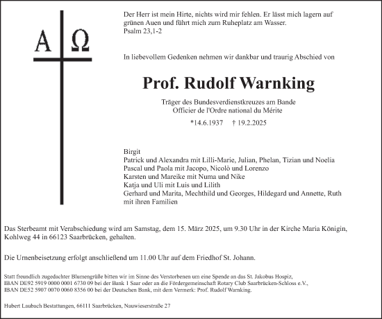 Traueranzeige von Rudolf Warnking von saarbruecker_zeitung