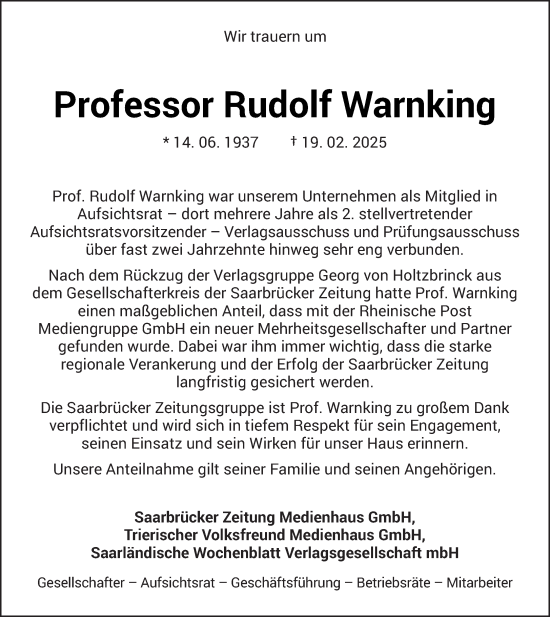Traueranzeige von Rudolf Warnking von saarbruecker_zeitung