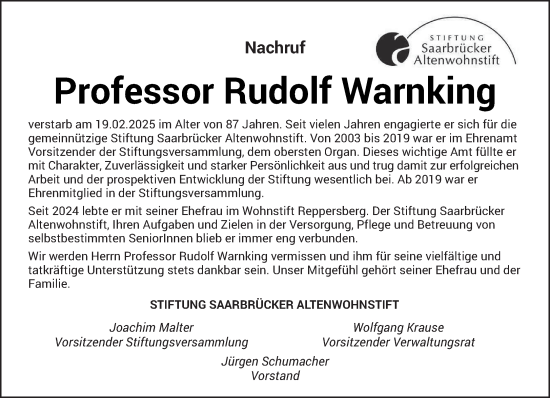 Traueranzeige von Rudolf Warnking von saarbruecker_zeitung