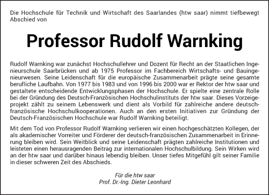 Traueranzeige von Rudolf Warnking von saarbruecker_zeitung