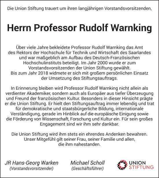 Traueranzeige von Rudolf Warnking von saarbruecker_zeitung