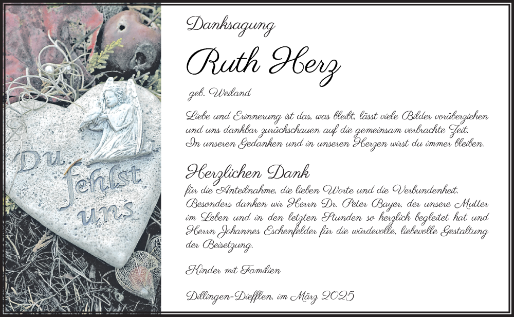  Traueranzeige für Ruth Herz vom 15.03.2025 aus saarbruecker_zeitung