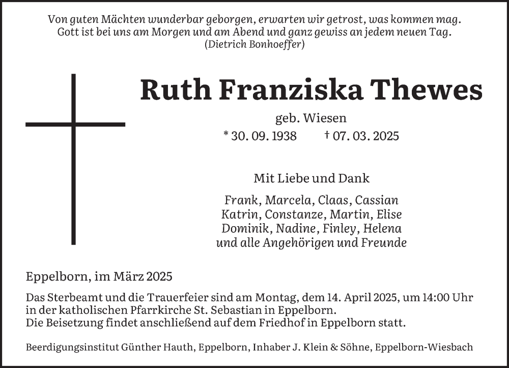  Traueranzeige für Ruth Franziska Thewes vom 22.03.2025 aus saarbruecker_zeitung