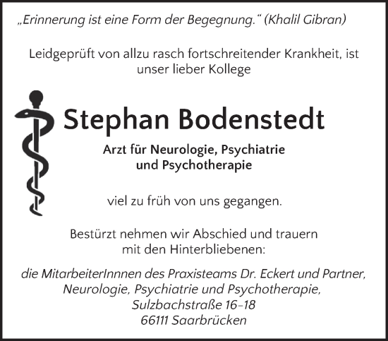 Traueranzeige von Stephan Bodenstedt von saarbruecker_zeitung