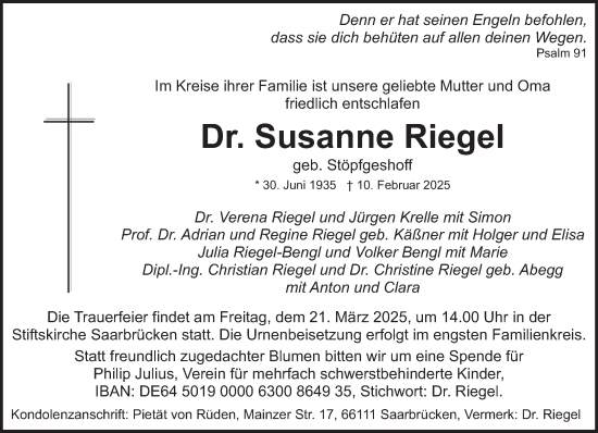 Traueranzeige von Susanne Riegel von saarbruecker_zeitung